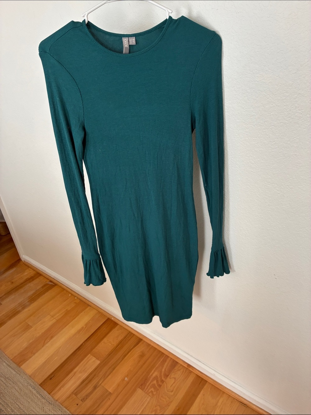 ASOS Teal Ribbed Long Hair Sleeve Dress with Ruffle Cuffs boho coastal beachy